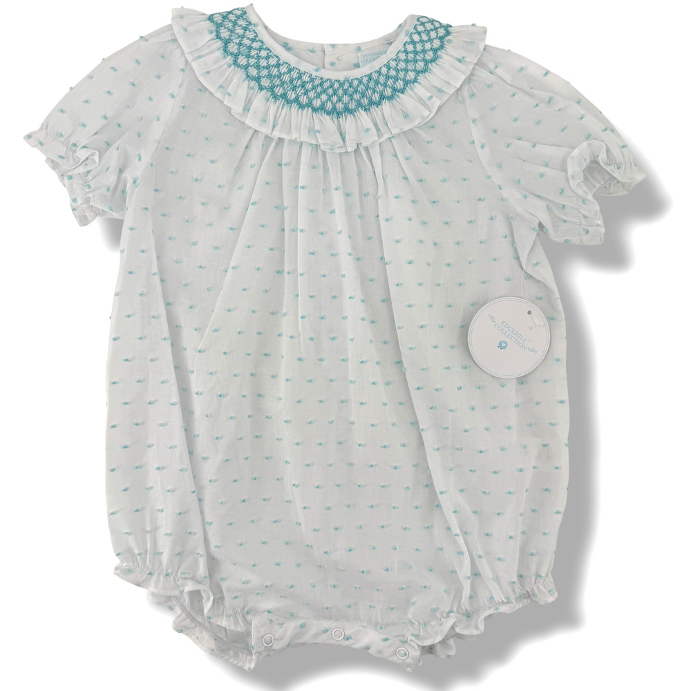 Edgehill Collection Baby Girl Smocked Teal Blue Swiss Dot Bubble Romper Size 12M